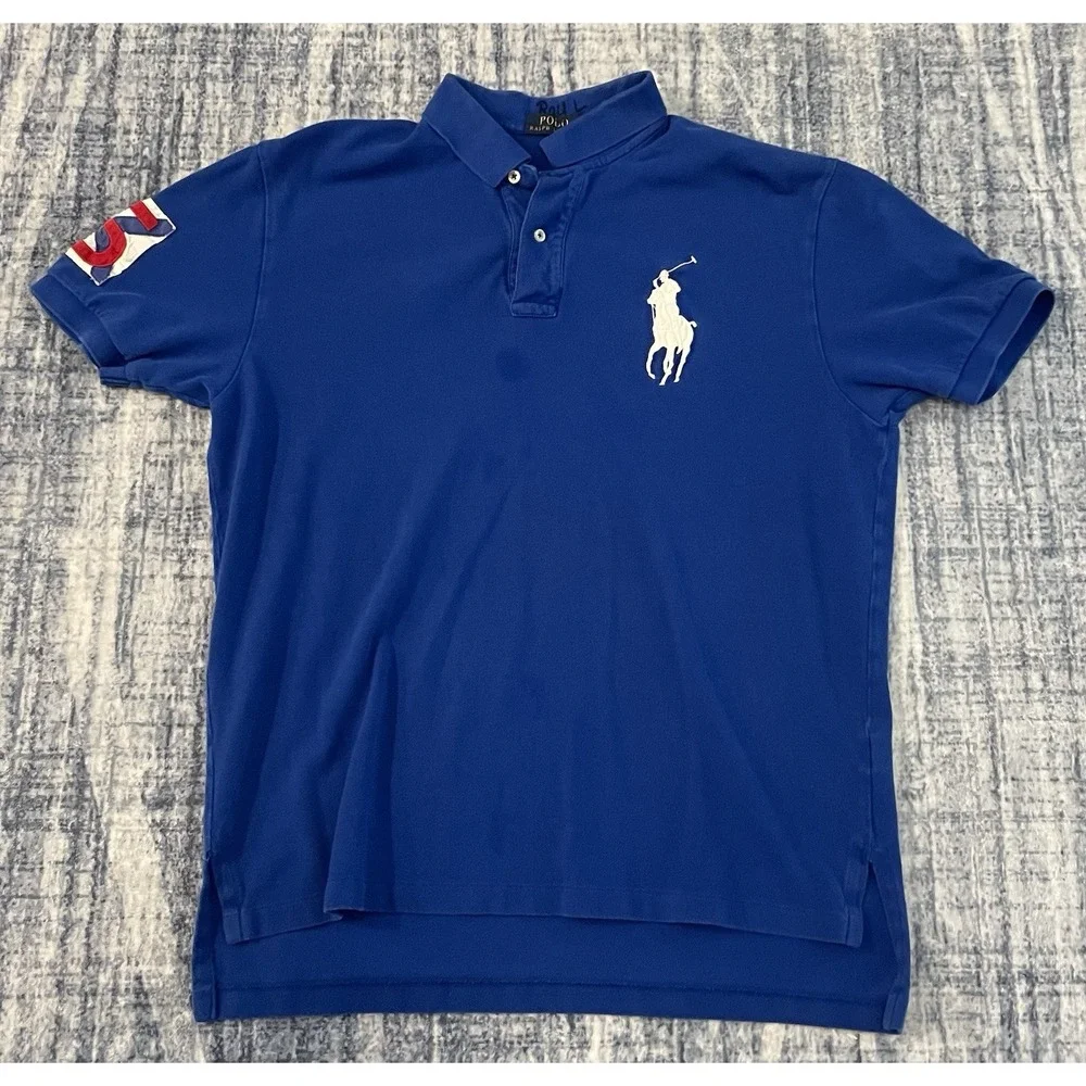 Polo Ralph Lauren Polo Shirt Mens Large Blue White Pony 5 Golf Rugby *READ